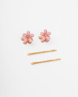 Set de ganchos dorados con flores rosadas