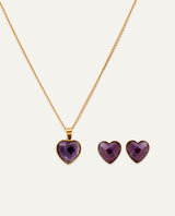 Set Collar + Arete Acero Inoxidable Bañado en Oro Corazón Morado