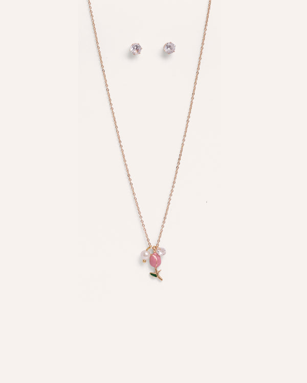 Set Collar + Arete Flor es Ser Tulipan Rosa
