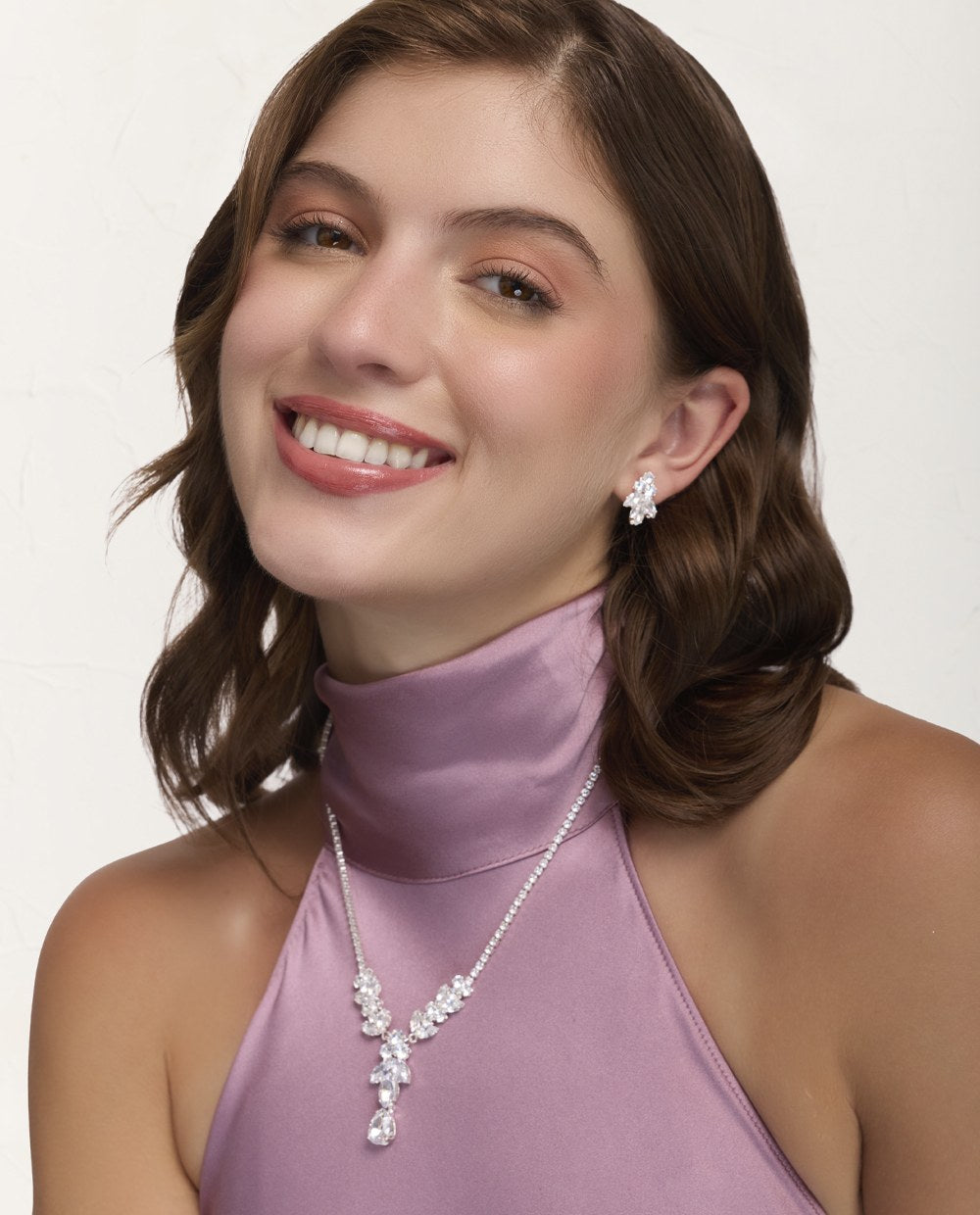 Set Collar + Arete Trendy Cristal Plateado