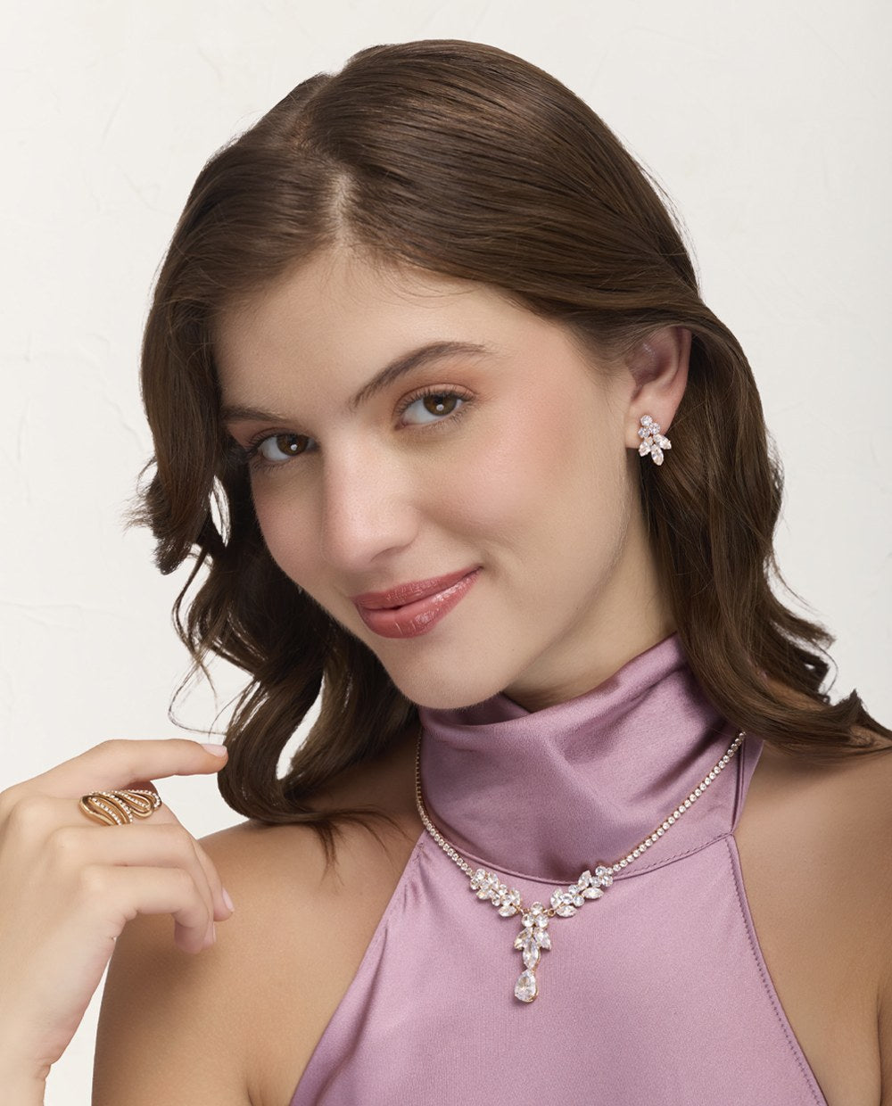 Set Collar + Arete Trendy Cristal Dorado