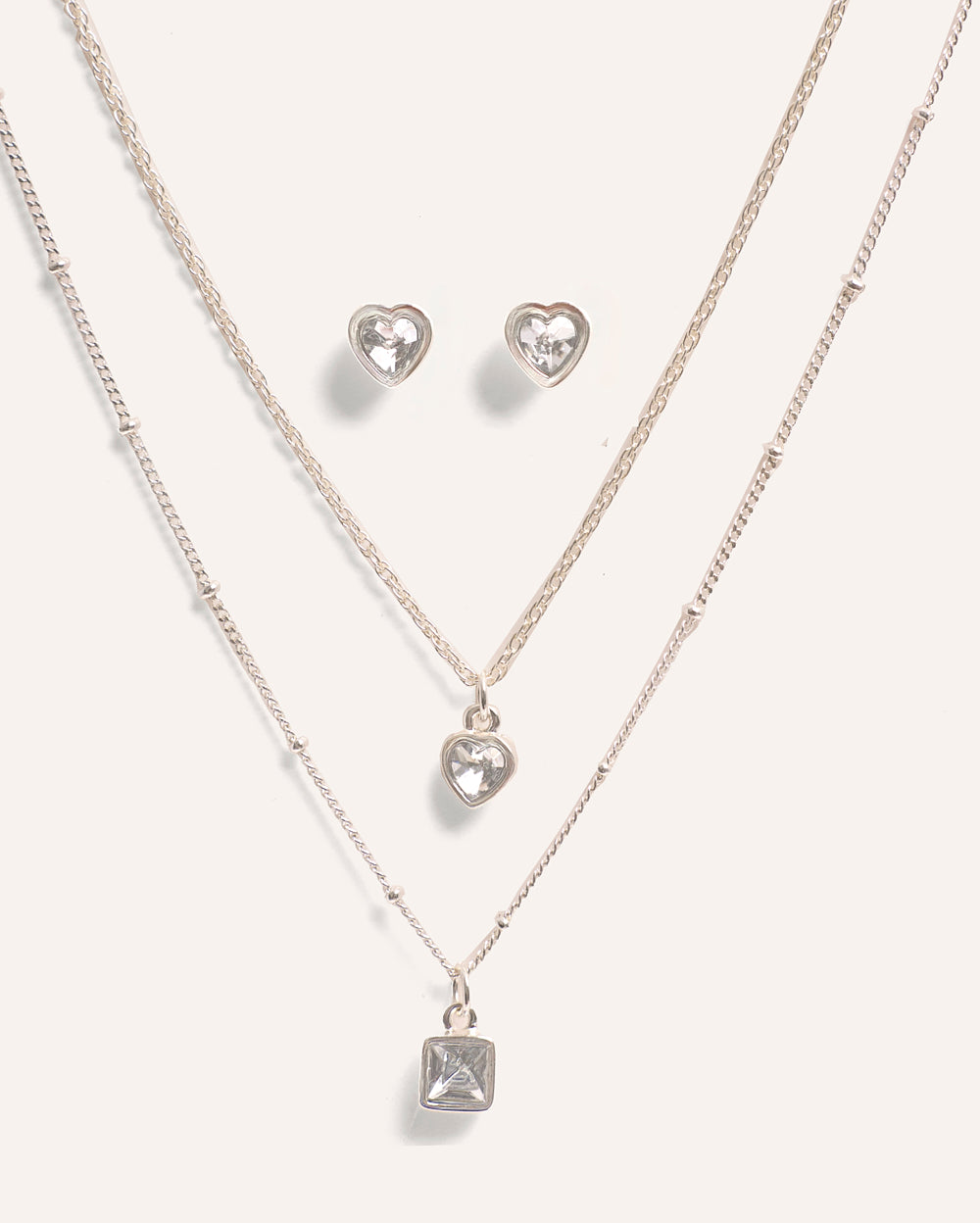 Set Collar + Arete Premium Bañado en Plata Doble Cadena Heart