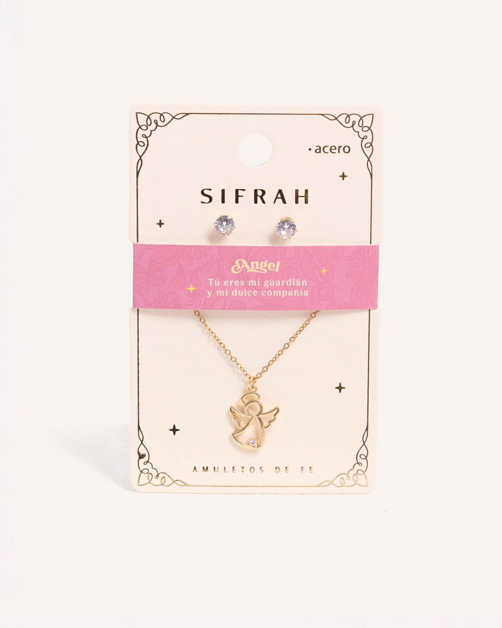 Set Collar + Arete de Acero Inoxidable Angel Dorado