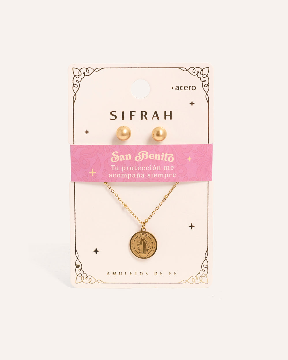 Set Collar + Arete de Acero Inoxidable San Benito Dorado