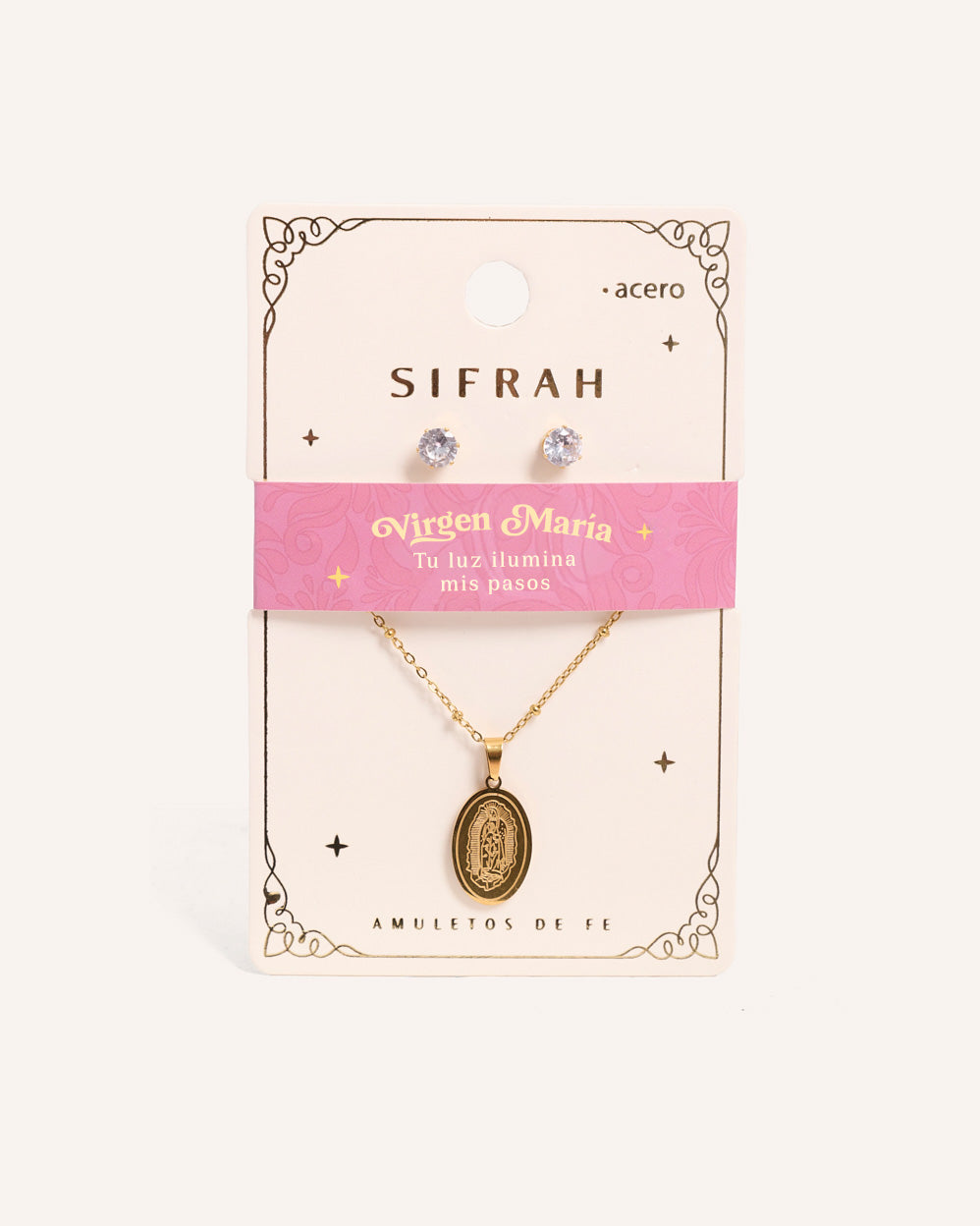 Set Collar + Arete de Acero Inoxidable Virgen María Dorado